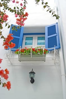 Vintage blue window Decorative with basket flowers on the white wall. 