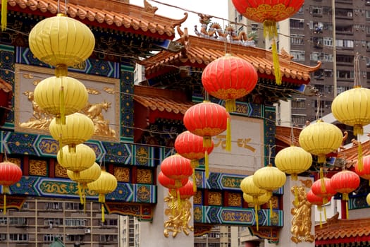 Colourful paper lanterns hanging near the temple