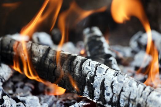 Closeup of the wood burns on fire