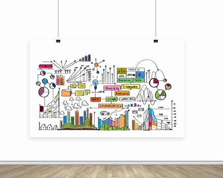 Hanging banner with business plan, graphics and diagrams