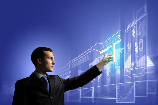 Image of businessman pressing icon of media screen. Innovations