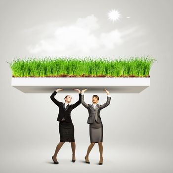 Image of two businesswomen holding lawn above head. Partnership and ecology