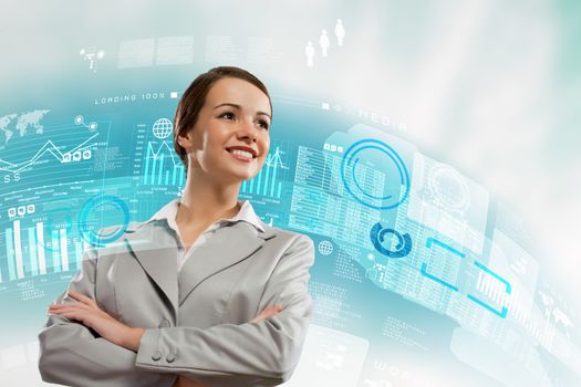 Image of attractive businesswoman against hightech background
