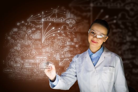 Young woman researcher in medical uniform drawing chemistry formulas