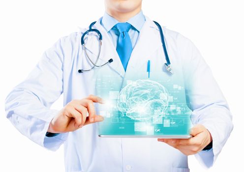 Close up of doctor's body holding tablet pc with media illustration