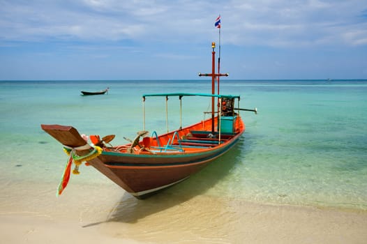 A Long Tail Boat on Haad Salat Beach in Koh Pangan, Thailand
