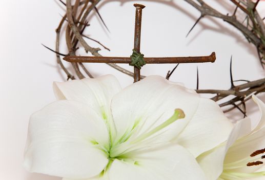 Crown of Thorns, crucifix and Easter white Lily  on  white background