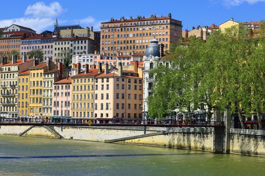 View of Lyon city with Saone river, France 