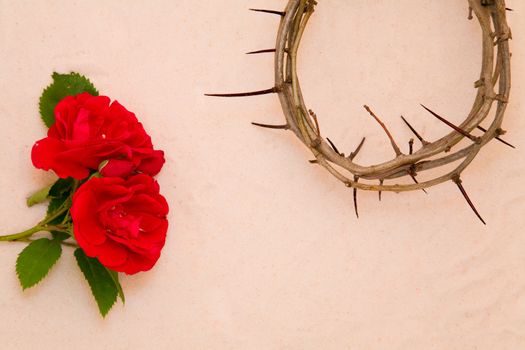 Crown of Thorns and red rose on sand background