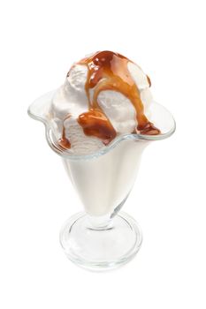 Bowl of ice cream under the caramel topping