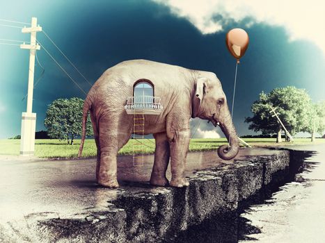 elephant as a house on the cracked road  concept ( photo and hand-drawing elements combined). 