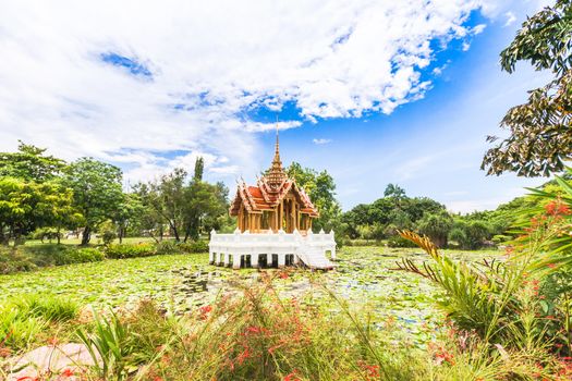 Thai temple on the water at Rama 9 Garden Bangkok, Thailand