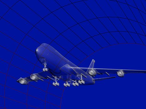 Simulation of an aircraft model being analyzed in wind tunnel for aerodynamic effects on its structure