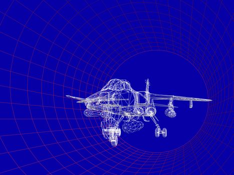 Simulation of an aircraft model being analyzed in wind tunnel for aerodynamic effects on its structure