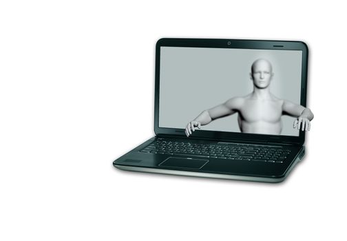 A virtual  android man holds out his hand from lap top Monitor's screen.