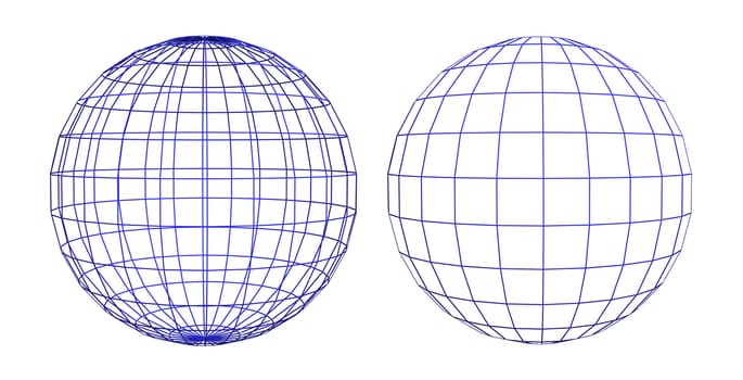 wireframe of two spheres isolated on white background
