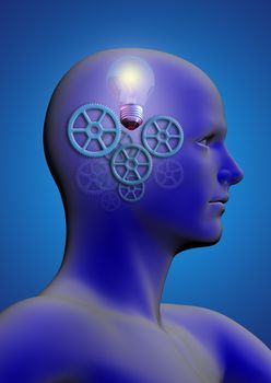 profile of a man with gears and a light bulb inside his head