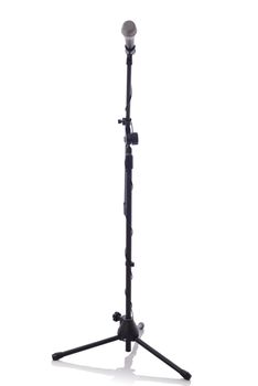 full height microphone stand with microphone isolated on white background 