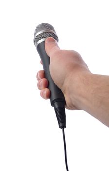 Hand with microphone isolated on white background 