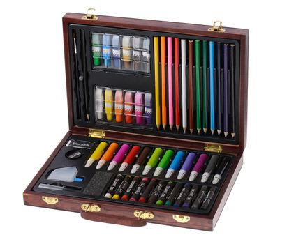 Arts pens paints and pastels carft case box isolated on white background