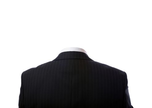 Rear view of headless man wearing suit over white background concept of empty head.