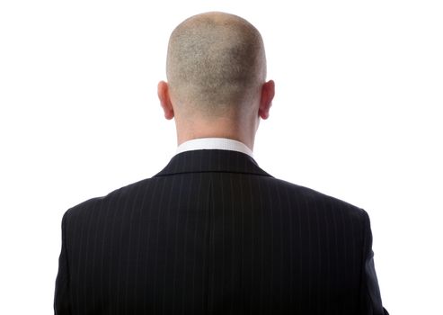 Rear view of bald man wearing suit over white background 