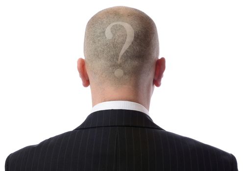 Rear view of bald man with a question mark shaved into hair wearing suit over white background 