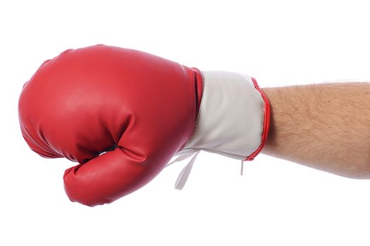 Red boxing gloves on hands on white background 