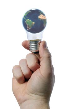 man holding light bulb in his hand with world inside concept of worls energy crisis
