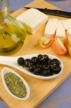 Still life with some of the classic Greek ingredients