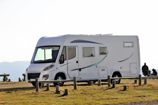 motor home parked atop Mount Aigoual in the Cevennes National Park