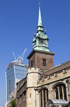All Hallows by the Tower church is the oldest church in London.  In the background is the "Walkie Talkie" building under construction at 20 Fenchurch Street.