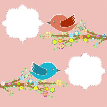two birds in the trees with speech bubbles on floral tree branch