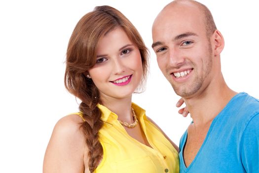 young smiling couple in love portrait isolated on white