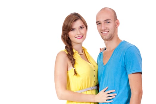 young smiling couple in love portrait isolated on white