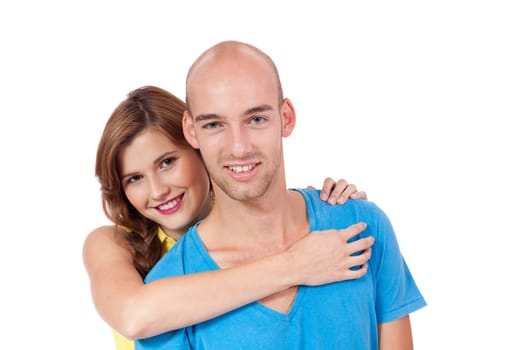 young smiling couple in love portrait isolated on white