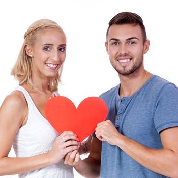 happy young couple in love with red heart valentines day isolated  portrait 