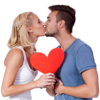 happy young couple in love with red heart valentines day isolated  portrait 