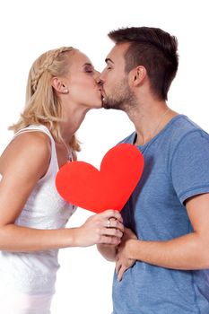 happy young couple in love with red heart valentines day isolated  portrait 