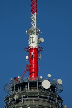Transmitter tower detail against blue sky