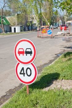 sign on road. focus on sign