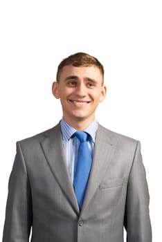 Portrait of a young businessman smiling, on a gray background, isolated on white background