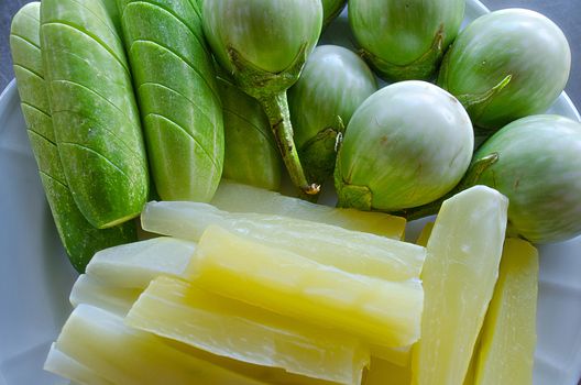 The Fresh Vegetables of Cucumbers,Thai Tomatos and Boiled Gourd.