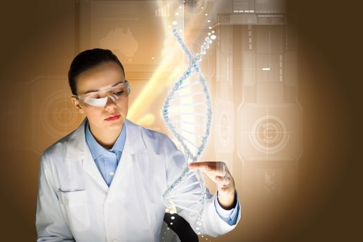 Woman scientist touching DNA molecule image at media screen