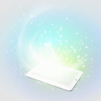 Image of tablet pc with color lights and splashes
