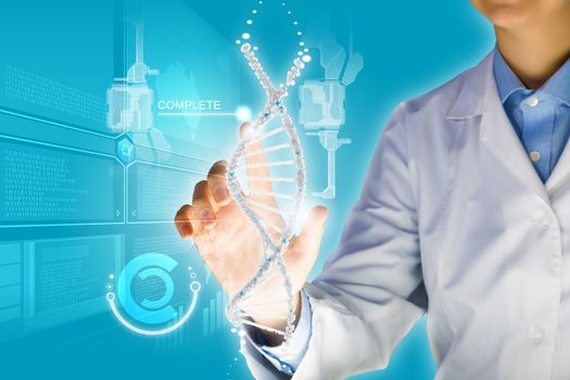 Woman scientist touching DNA molecule image at media screen