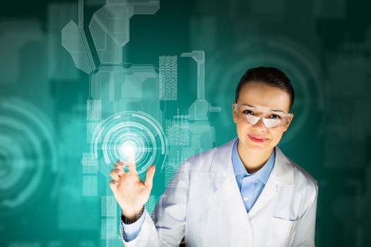 Image of young woman scientist touching icon of media screen