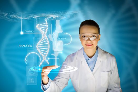 Woman scientist touching DNA molecule image at media screen