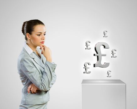 Image of thoughtful businesswoman with pound symbol. Currency concept