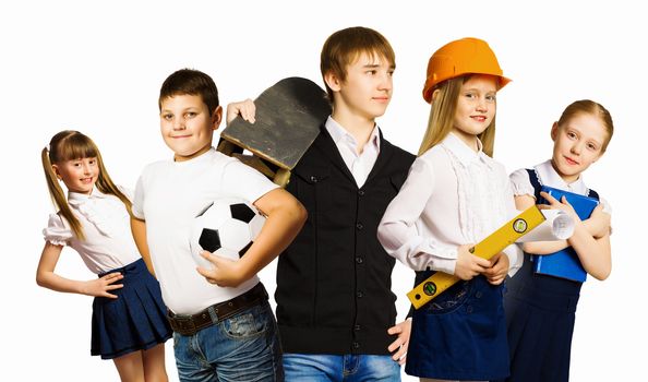 Group of pupils holding items. Education and travel concept